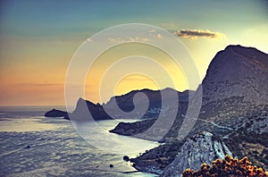 Sea and mountains at sunset. Crimea landscape. Nature background