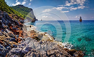 Sea and mountains turkish landscape in Alanya, Turkey. Seascape of rocky coastline on sunny summer day.