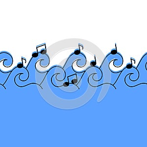 Sea of music, seamless border hand drawn vector illustration. Musical notes and waves