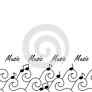 Sea of music, seamless border hand drawn vector illustration. Musical notes and waves