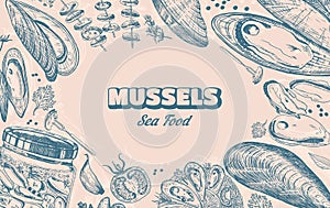 Sea mussels. Poster or banner in vintage retro style. Nautical molluscs. Ocean food background. Vector illustration