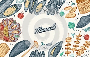 Sea mussels. Poster or banner in vintage retro style. Nautical molluscs. Ocean food background. Vector illustration