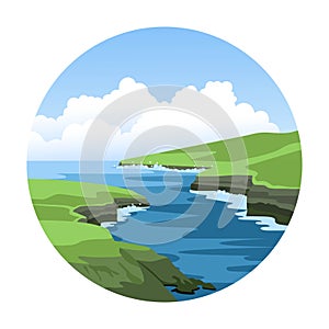 Sea nature landscape with green rocky coastlines and fluffy clouds. Simple round hand-drawn vector illustration