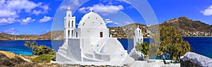 Sea, nature landscape and white churches of Greece, Ios island