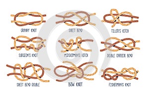 Sea Nodes Vector Set. Granny, Fisherman, Surgeons or Bow Knot, Sheet or Double Carrick Bend, Tillers or Midshipman Hitch