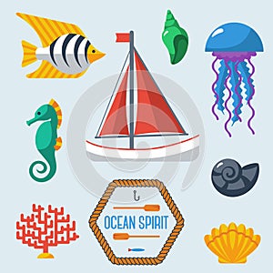 Sea objects collection. Vector illustration.
