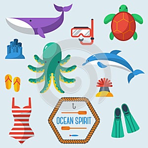 Sea objects collection.Vector illustration.