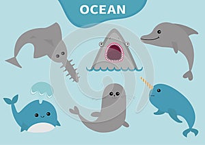 Sea ocean animal fauna icon set. Blue whale, sawshark, dolphin, narwhal, seal. Saw shark fish. Water inhabitant. Cute cartoon baby