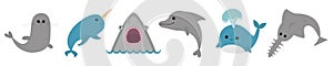 Sea ocean animal fauna icon set line. Blue whale, sawshark, dolphin, narwhal, seal. Saw shark fish. Water inhabitant. Cute cartoon