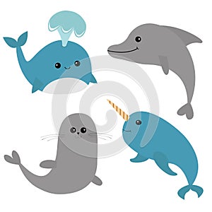 Sea ocean animal fauna set. Blue whale, dolphin, narwhal, seal. Big fish. Water inhabitant. Cute cartoon baby character collection