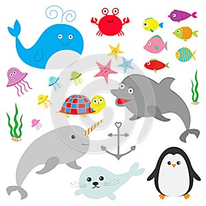 Sea ocean animal fauna set. Fish, whale,dolphin, turtle, star, crab, jellyfish, anchor, seaweed, waves Cute cartoon character
