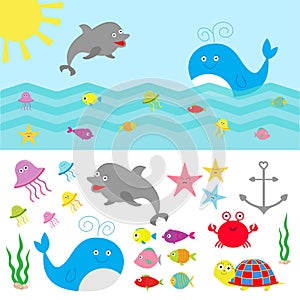 Sea ocean animal fauna set. Fish, whale,dolphin, turtle, star, crab, jellyfish, anchor, seaweed, waves Cute cartoon character coll