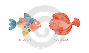 Sea Ocean Fishes Set, Salmon, Flounder Fish Flat Vector Illustration