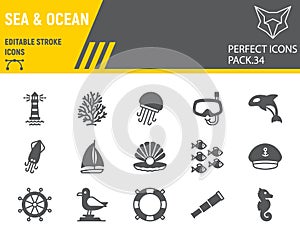 Sea and Ocean glyph icon set, ocean animals collection, vector graphics, logo illustrations, Sea vector icons, marine