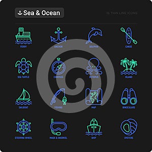 Sea and ocean journey thin line icons set