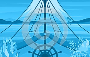Sea Ocean Landscape View Captain Ship Wheel on Cruise Deck Illustration
