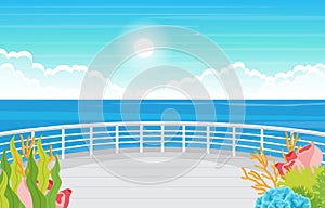 Sea Ocean Landscape View on Cruise Ship Deck Coral Reef Illustration