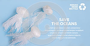 Sea and ocean life from waste. Jellyfishes out of plastic waste on blue background. Pollution of the planet