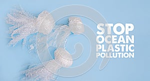 Sea and ocean life from waste. Jellyfishes out of plastic waste on blue background. Pollution of the planet