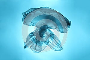 Sea and ocean life from waste. Plastic bag in the form of a jellyfish. Pollution of the planet