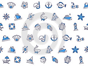 Sea and ocean pattern. Summer vacation. Water wave and sailing icons. Helm blue symbols. Cruise ship anchor. Submarine