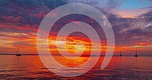Sea or ocean sunset time lapse. Background of sky timelapse of cloudy sky, sunrise beach. Panorama on sea at sunset