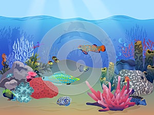 Sea ocean underwater landscape scene with colorful exotic fish, plants and coral reef.