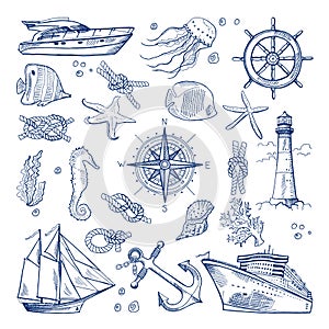 Sea or ocean underwater life with different animals and marine objects. Vector pictures in hand drawn style