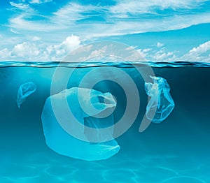 Sea or ocean underwater with plastic bags. Environment pollution ecological problem.