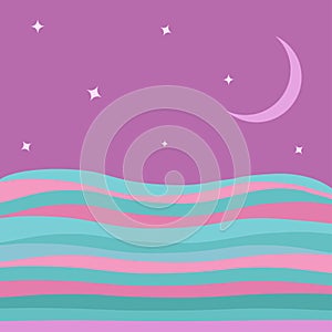 Sea Ocean water with blue pink waves violet sky and halfmoon stars background Abstract underwater landscape Flat design