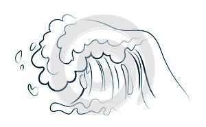 Sea or ocean wave line sketch, wavy water stream motion with foam curls