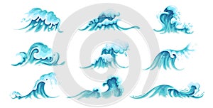 Sea and ocean wave set, blue sea surf with splashes, surges and foam, isolated tidal wave