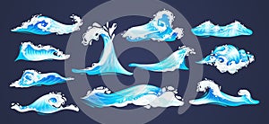 Sea ocean wave set. Blue water ocean waves, marine surf wave, ripples tides sea storm, tsunami, tidal different shapes