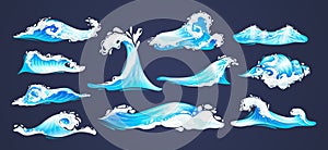Sea ocean wave set. Blue water ocean waves, marine surf wave, ripples tides sea storm, tsunami, tidal different shapes photo
