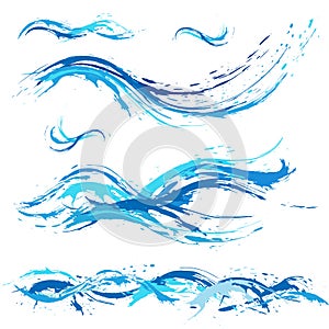 Sea and ocean waves, blue paint blot, splashes, drops