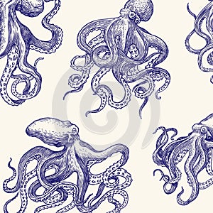 Sea octopus Seamless pattern. Engraved hand drawn in old sketch, vintage creature. Nautical or marine, monster. Animal