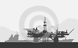 Sea oil drilling rig and tanker. Black and white illustration.