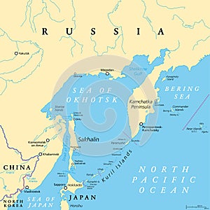 Sea of Okhotsk, a marginal sea of the Pacific Ocean, political map