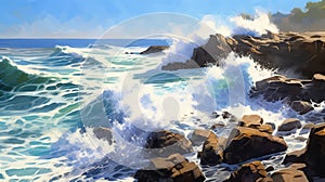 Sea Of Okhotsk Waves At Waimea Bay: An Acrylic Painting In Unreal Engine Style
