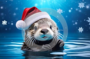sea otter wearing Santa hat in water against blue background with falling snowflakes in light. concepts: Christmas, New