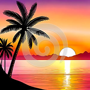 Sea and palms at sunset - Retro comics style seascape