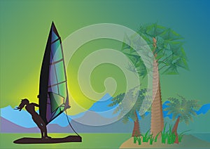 Sea, palms and windsurfer