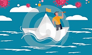 Sea paper ship with man leader. Follow boss with strategy and direction success vector illustration concept. Global business risk