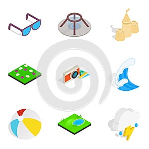 Sea pastime icons set, isometric style