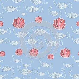 Vector seamless pattern fish and corals blue bakground