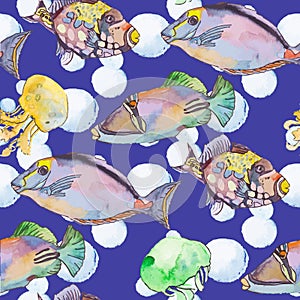 Sea pattern. Tropical fish. jellyfish. Ocean vector.
