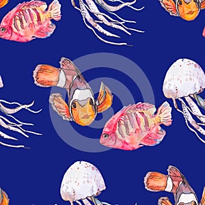 Sea pattern. Tropical fish. Medusa. Ocean vector.