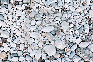 Sea pebbles on the beach. Close-up shot. Small and big roundish smooth stones. Texture of beach pebbles for a post