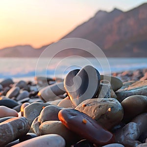 Sea pebbles in the shape of a heart on the shore