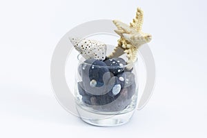 Sea pebbles shell and starfish in the glass. Black pebbles with spots. Summer memories.